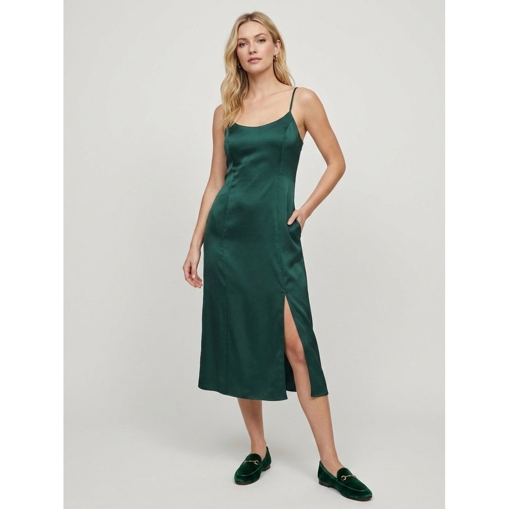 Sam Edelman Forest Green Satin Cami Midi Dress Side Slit 01F234 Womens 4 NWT